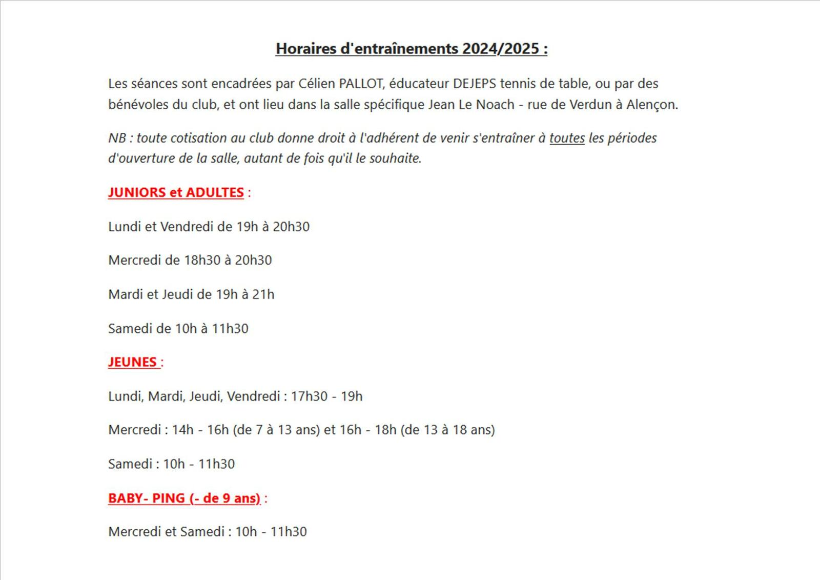 C'est la reprise ! Horaires saison 2024/2025